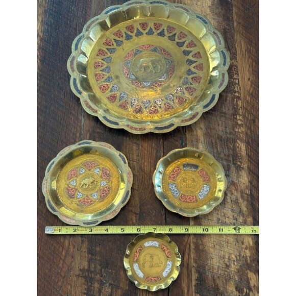 Vintage Handcrafted Indian Etched Brass Elephant & Design Plates & Ashtray Set - Picture 3 of 10